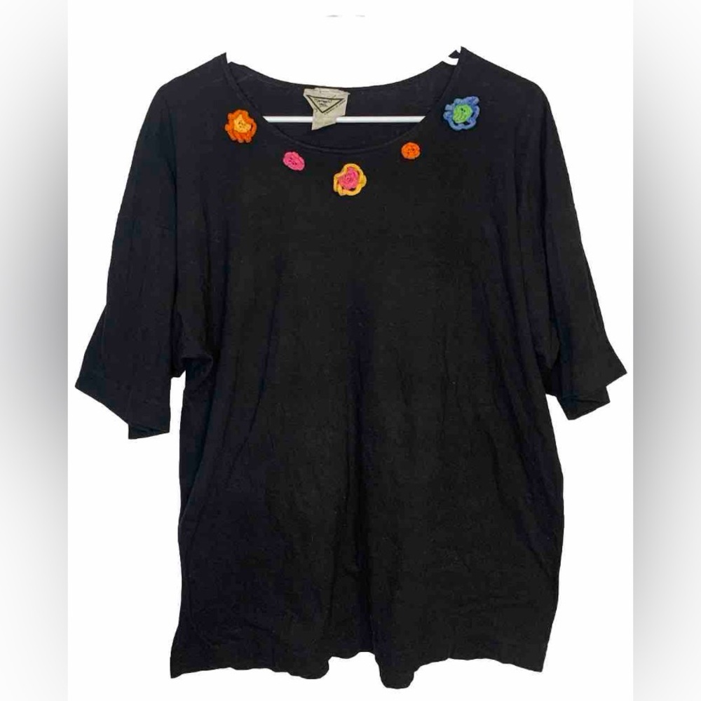VTG Marteeni Pink Women One Size Black Boat Neck Embroidered Flower Short Sleeve